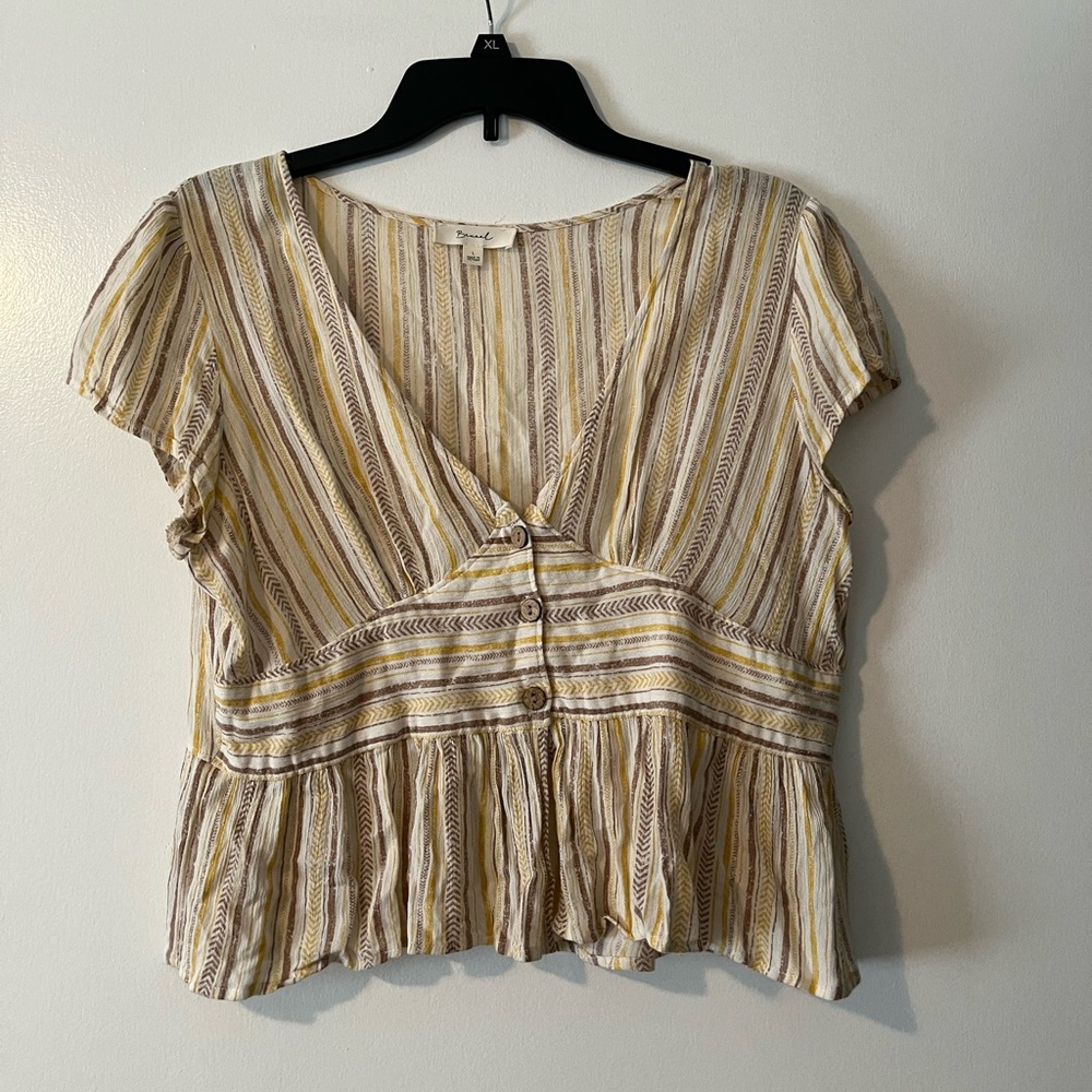 white, yellow, brown and tan stripes woman’s blouse